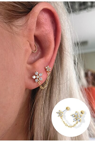 Bylin Çift Çiçekli, Zincirli Cerrahi Çelik Piercing Küpesi- Bar Uzunluğu 6 mm-kalınlığı 1 mm-1 Adet