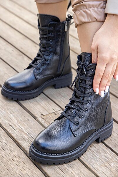 FSKOMBİN Linda Siyah Gerçek Deri Kadın Postal