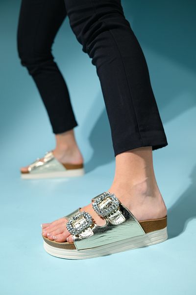 LuviShoes Papuci de damă cu talpă groasă POLACCA Gold Skin Stone, cu benzi duble, din piele naturală