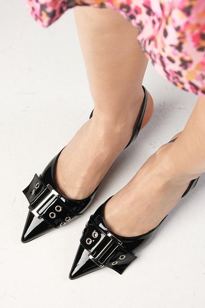 Mio Gusto Sheri Black Patent Leather Pointed Toe Heeled Shoes with Buckle Accessories