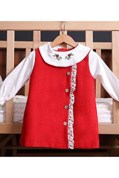 EFULİM Çiçek Nakışlı Bebe Yaka Düğme Detaylı Kız Çocuk Bayramlık Elbise