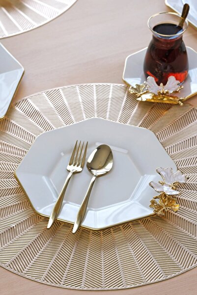 Glore Dolmabahçe Octagonal Cream Gold Gilt Glass Cake Plate Set for 6 People