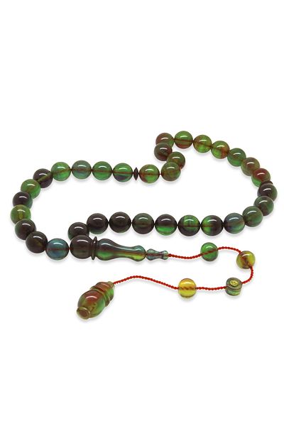 Tesbihane Green and Blue Catalin Rosary with System, Each Master Workmanship, Sphere Cut