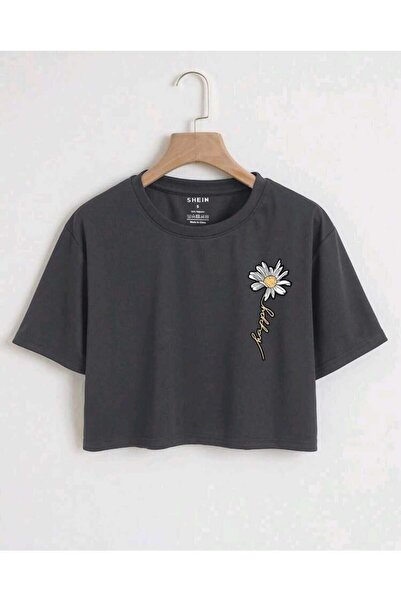 FAVORİST Γυναικείο υπερμεγέθη Crop T-shirt Happy Daisy Printed