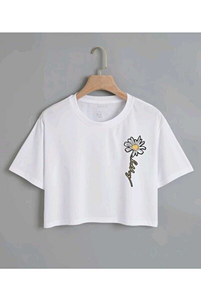 FAVORİST Γυναικείο υπερμεγέθη Crop T-shirt Happy Daisy Printed