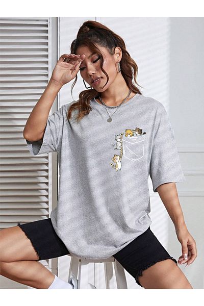 Revasser Unisex Γυναικεία/Ανδρικά CAT Πολύχρωμο, προσαρμοσμένο εμπριμέ, υπερμεγέθη βαμβακερό χτενισμένο βαμβακερό μπλουζάκι