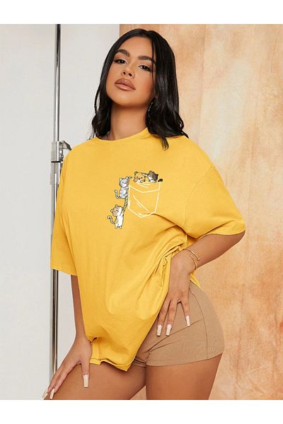 Revasser Unisex Γυναικεία/Ανδρικά CAT Πολύχρωμο, προσαρμοσμένο εμπριμέ, υπερμεγέθη βαμβακερό χτενισμένο βαμβακερό μπλουζάκι