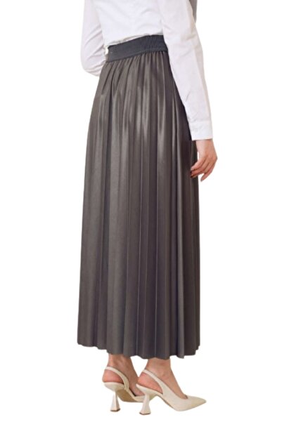 ZY BUTİK Smoked Leather Look Pleated Long Skirt with Elastic Waist