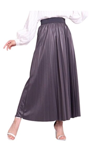 ZY BUTİK Smoked Leather Look Pleated Long Skirt with Elastic Waist