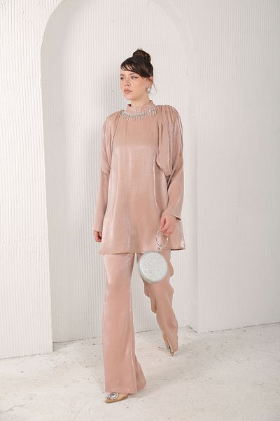 Melike Tatar BEIGE Collar Jewelled Suit 32-2080