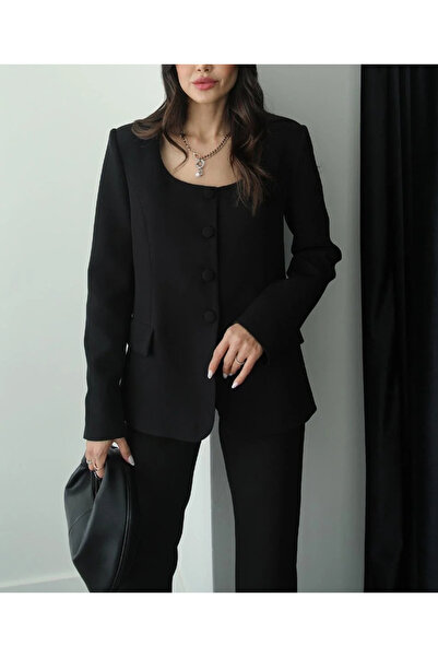 My Blog طقم بنطلون وسترة برقبة دائرية سوداء فاخرة