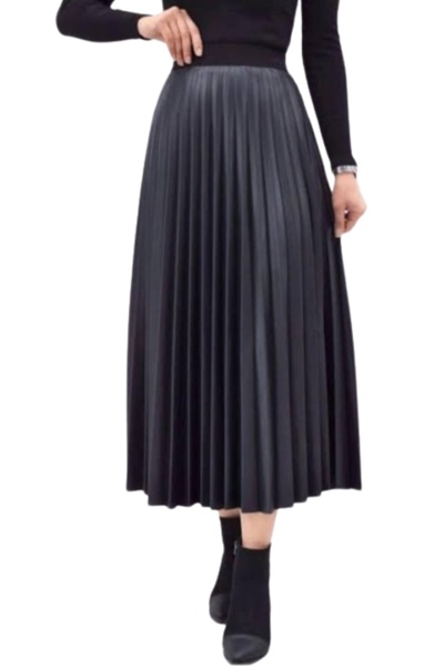 ZY BUTİK Smoked Leather Look Pleated Long Skirt with Elastic Waist