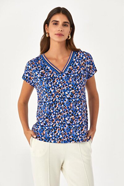 İKİLER V Yaka Düşük Kol Yakası Triko Bantlı Bluz 024-1014