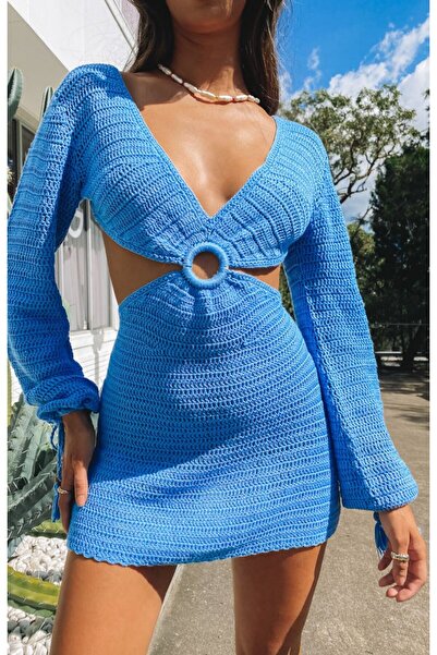 Sistaful El Örgüsü Sırt Dekolteli Plaj Elbisesi