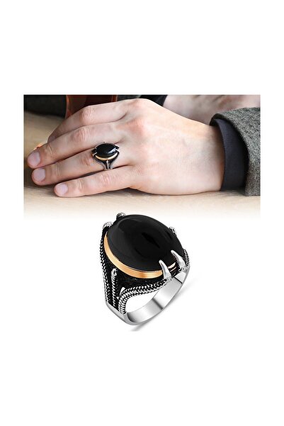 Tesbihane Pençe Tasarım Siyah Oniks Taşlı 925 Ayar Gümüş Erkek Yüzük 102000407