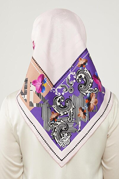 Levidor Pembe Şerit Desenli Pure Saf Ipek Eşarp