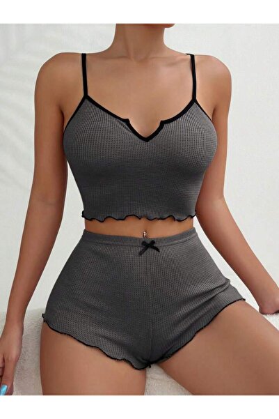 Fancy&Dancy Kadın Kaşkorse Antrasit Renk Şortlu Gecelik Takımı