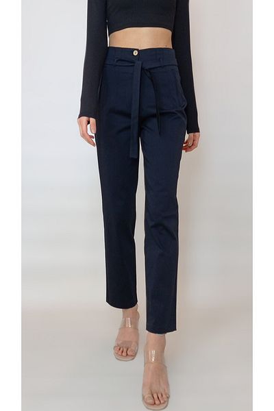 oyagüler Women's Navy Blue Narrow Leg Double Collar Cotton Trousers Yy101110
