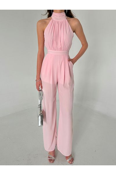 Laluvia Langer Overall mit Neckholder-Kragen in Puder