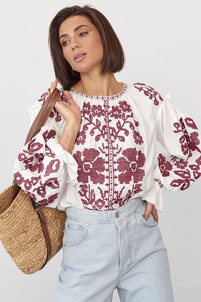 FEMELLE Γυναικεία New Season Full Flower Κέντημα Κεντημένο σχέδιο Vintage Μπλούζα