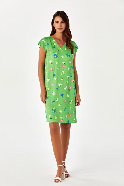 İKİLER V Yaka Mini Kollu Desenli Elbise 024-4056