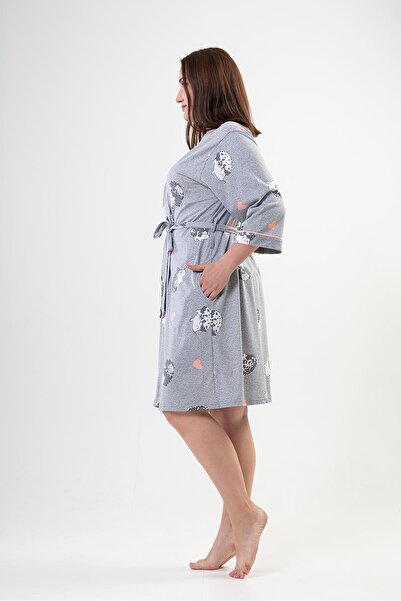 VİENETTA Women's Large Size Capri Sleeve Gray Melange Dressing Gown C0T8N0402