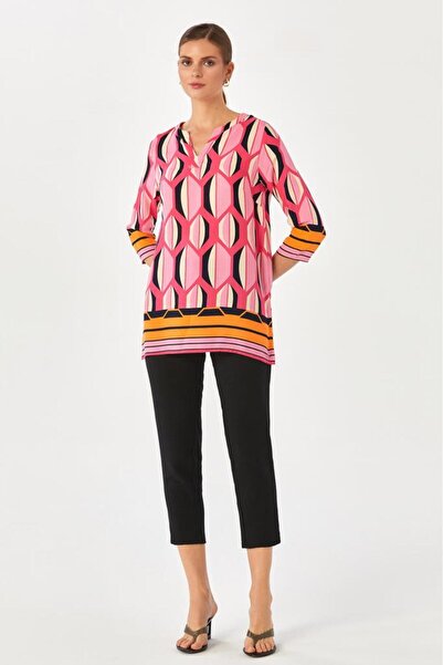 İKİLER Yakası Patlı Eteği Yırtmaçlı Desenli Bluz 024-3001