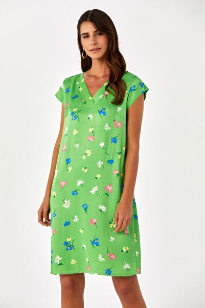 İKİLER V Yaka Mini Kollu Desenli Elbise 024-4056