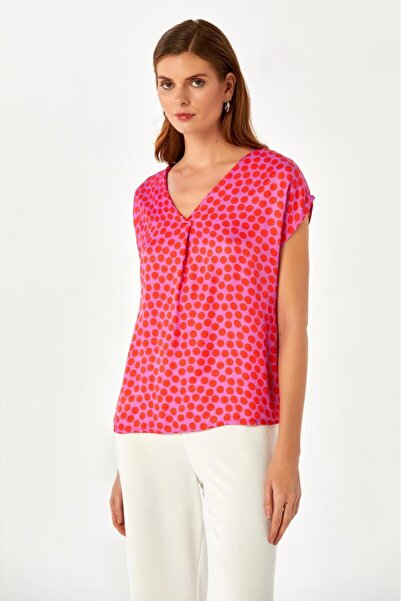 İKİLER V Yaka Düşük Kollu Önü Pilili Bluz 024-3016