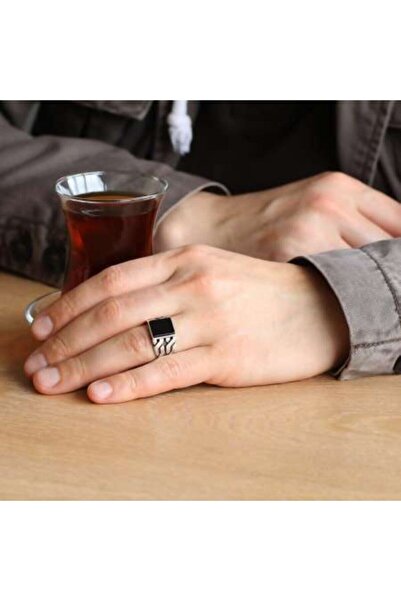 Tesbihane Erkek Siyah Zincir Tasarım Oniks Taşlı 925 Ayar Gümüş Yüzük