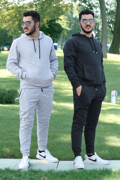 han elegant Σετ ανδρική αθλητική φόρμα με κουκούλα βαμβακερή τσέπη καγκουρό