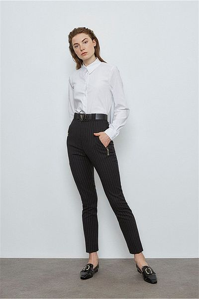VERDA Leather Belted Striped Trousers