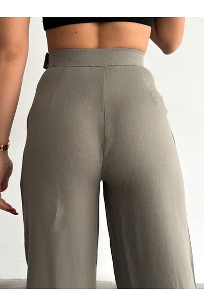 Eke Tekstil Women's Khaki Side Belt Detailed Woven Fabric Pleated Palazzo Trousers
