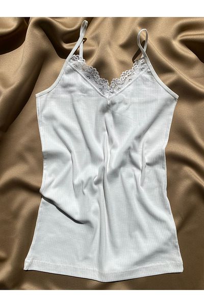 LEYNA BUTİK Women's 4 Rope Strap Cotton, Lycra, Lace, Ribbed Ribbed Blouse-Athlete (2 White - 2 Skin)
