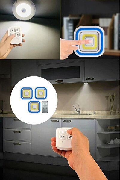 aralmini 3'lü Uzaktan Kumandalı Kare Spot Led Lamba Kablosuz Pilli Işıldak Mu...