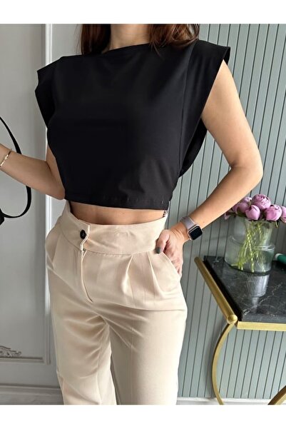 Kadın Kolsuz Yuvarlak Yaka Crop Bluz Siyah