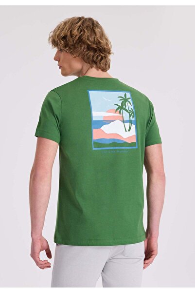 WESTMARK LONDON Πράσινο ανδρικό μπλουζάκι με στάμπα με λαιμόκοψη από οργανικό βαμβάκι κανονική εφαρμογή WMBACK SUNSET