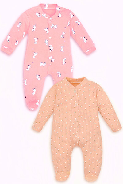 bebizu Çıtçıtlı Yavru Köpek Ve Çıtır Çiçek Desenli Patikli 2li Tulum