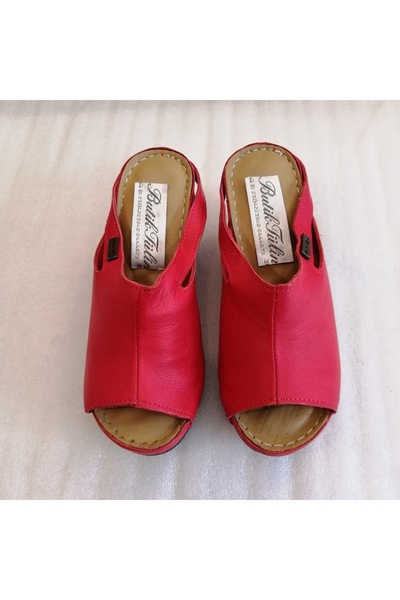 Butik Tülin Red Genuine Calf Leather Women's Heeled Slippers - Soft and Padded Polyurethane