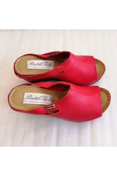 Butik Tülin Red Genuine Calf Leather Women's Heeled Slippers - Soft and Padded Polyurethane