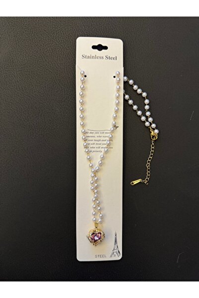 stainless steell Pırlanta Model Pembe Zirkon Taşlı Kalp Çelik Kolye