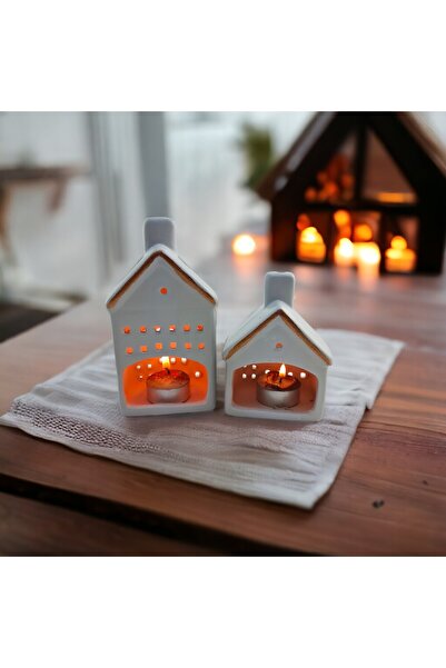 Binbirdemet Seramik 2'li Küçük Set Ev Figürlü Dekoratif Mumluk Bronz