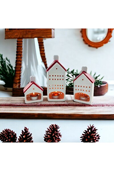 Binbirdemet Seramik 3'lü Set Ev Figürlü Dekoratif Mumluk Kırmızı