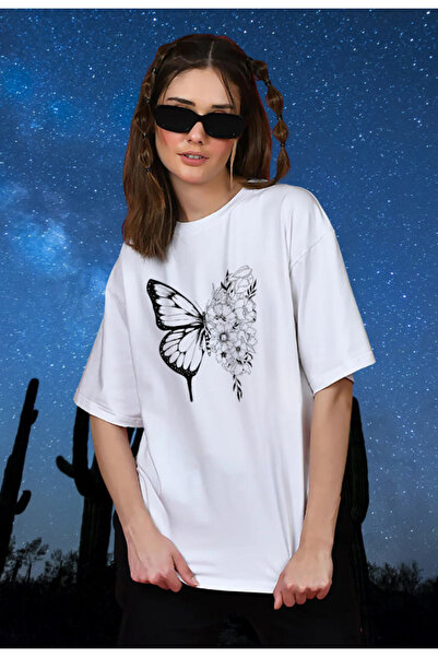 MODA MOSAIC Tricou oversize din bumbac cu imprimeu fluture