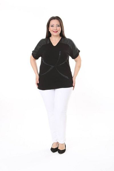 vividbutik Plus Size V-Neck Jewelled Short Sleeve Blouse with Leather Shoulders