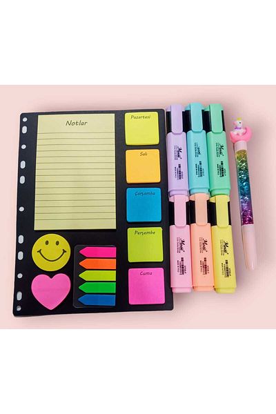 sevgi kırtasiye Adhesive Note Holder Post-it Set 6-Piece Highlighter Pen Set Glittery Watery Gel Pen Set