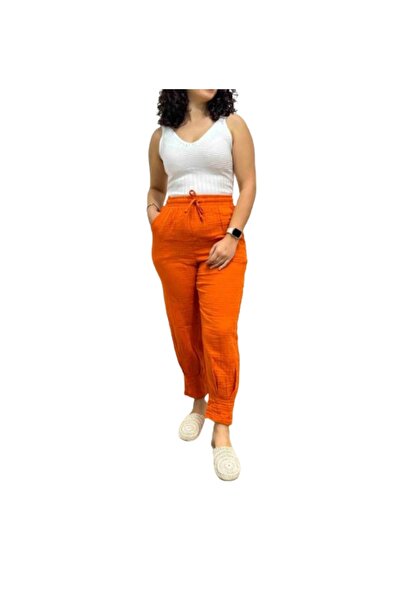 ZY BUTİK Orange Muslin Skinny Leg - Elastic Waist Summer Trousers