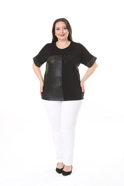 vividbutik Plus Size Round Neck Short Sleeve Blouse with Rhinestones and Leather Front