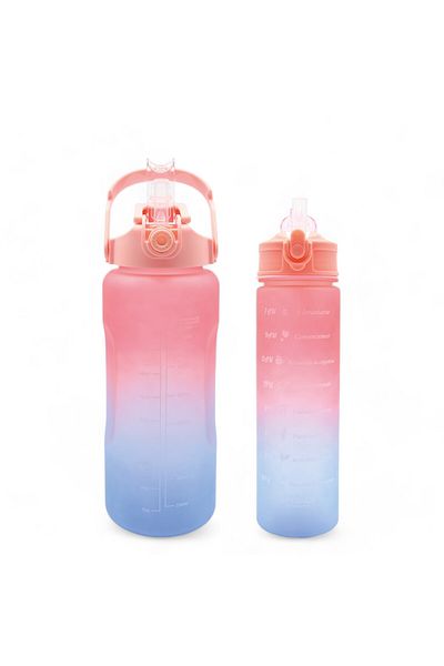 M&B WATER BOTTLE Set of 2 Motivational Water Bottles - Daily and Outdoor Sports Water Bottle, Straw Drinker 2000-900 ml