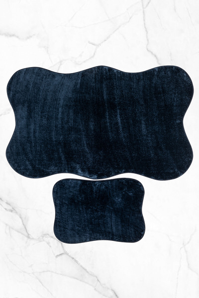 Butik 2'li Lacivert 80x140 50x70 Cm Büyük Ebat Banyo Paspası Seti Kaymaz Taba...